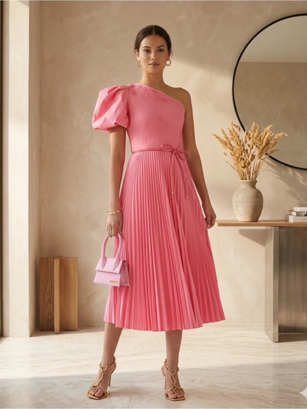 NWT Rebecca Vallance Rosa Pink One Shoulder Puff Sleeve Pleated Midi Dress US 2